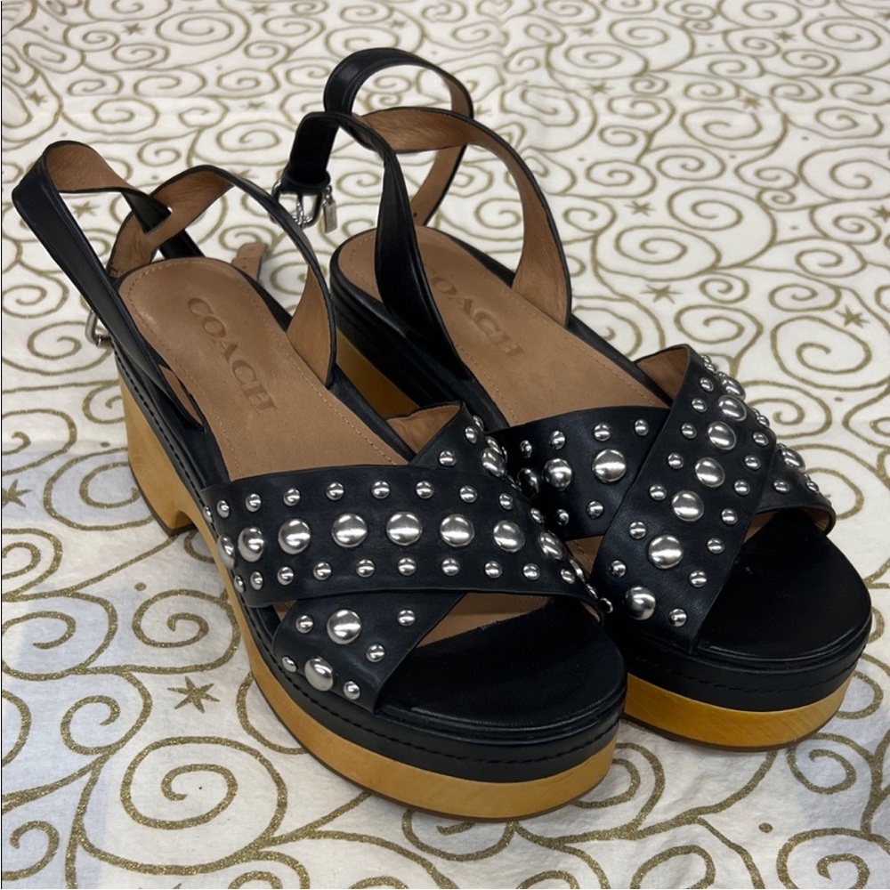 Coach Black and Brown Studded Platform Sandals